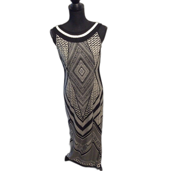 Sandra Darren 6P Maxi Black White print Geometric Dress lace Trim Neckline - Picture 1 of 5